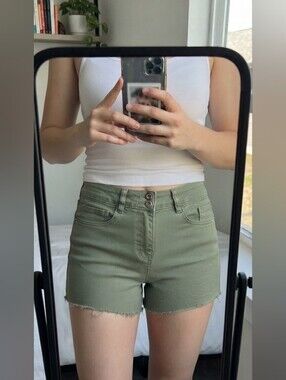 Dollhouse Olive Green Stretch Denim Shorts Size 7/8 Raw Hem Frayed Edge